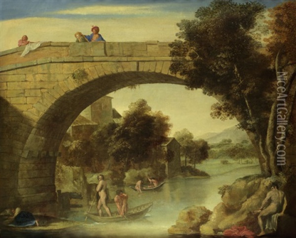 Fishermen In A Italianate River Landscape With Figures On A Bridge Oil Painting - Annibale Carracci