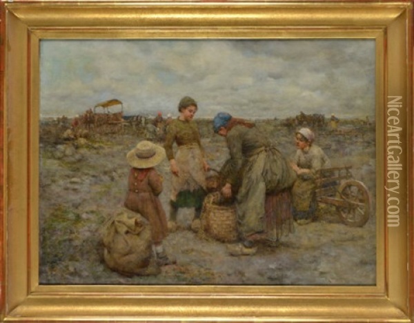 Mussel Gatherers On A French Beach Oil Painting - Robert McGregor