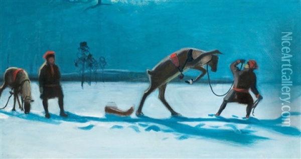 A Playful Reindeer At Dusk Oil Painting - Juho Kyyhkynen