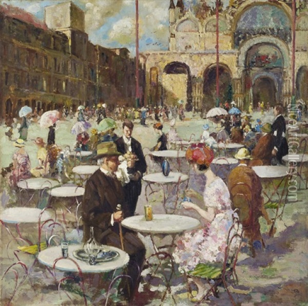 Caffe In Piazza, Venezia Oil Painting - Vincenzo Irolli