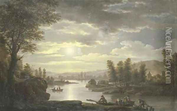 A moonlit river landscape Oil Painting - Jean-Francois Hue