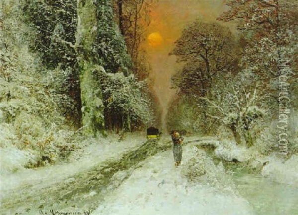 Winterlandschaft Mit Reisigsammlerin Oil Painting - Adolf Gustav Schweitzer