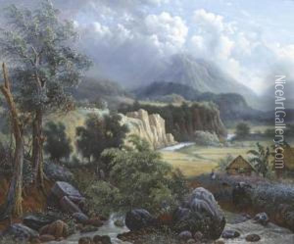 A View Of The River Brantas Meanderingthrough The Highlands Near Batu Oil Painting - Maurits Ernest Hugo Rudolph Van Den Kerckhoff
