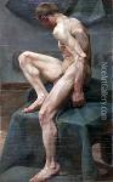 A Seated Male Model Oil Painting - Angelo Graf von Courten