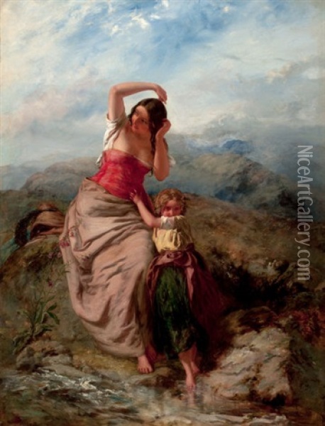 Woman And Child At A Mountain Stream Oil Painting - Paul Falconer Poole