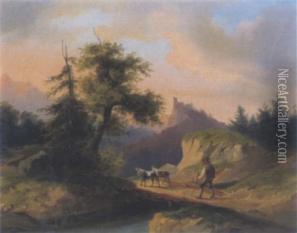 Hirte Mit Ziegen Am Heimweg Oil Painting - Joseph Heicke