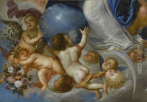 Putti Holding Flowers And An Orb Oil Painting - Antonio de Pereda y Saldago