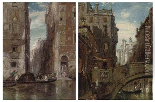 A Venetian Backwater (+ Gondolas On A Venetian Canal; Pair) Oil Painting - James Holland