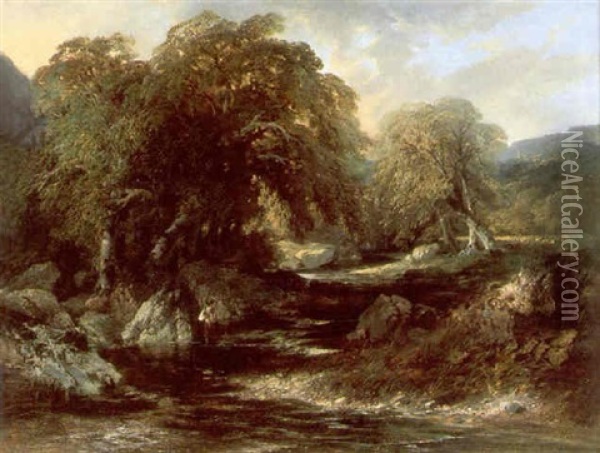 Man Fishing Within A Wooded River Landscape Oil Painting - Edmund John Niemann