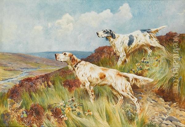 English Setters On A Moor Oil Painting - Arthur Wardle