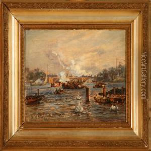 View Of Hamburgharbour Oil Painting - Holger Drachmann