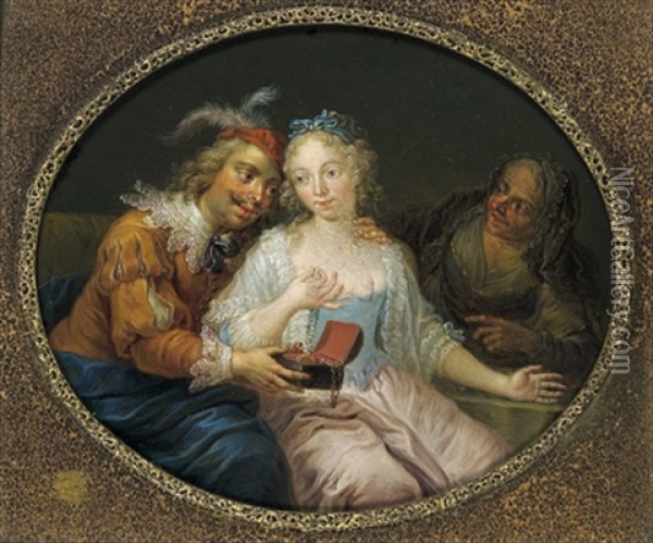 Eine Zigeunerin Liest Einer Jungen Frau Aus Der Hand (+ Ein Freier Bietet Einer Jungen Frau Juwelen, Dahinter Die Kupplerin; Pair) Oil Painting - Franz Christoph Janneck