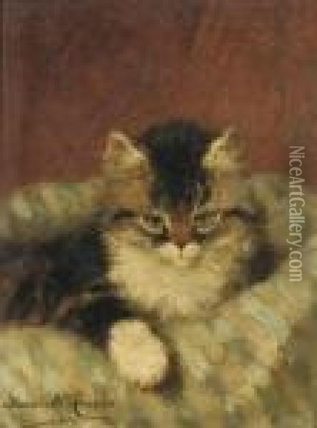 A Kitten On A Blue Striped Pillow Oil Painting - Henriette Ronner-Knip