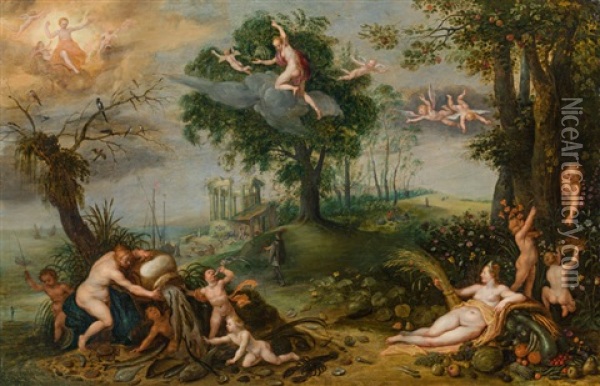 Allegory Of The Four Elements Oil Painting - Adriaen Van Stalbemt