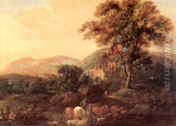 A Wooded Hilly Landscape With A Castle Ruin Herdsmen And Herd Oil Painting - Philip James de Loutherbourg
