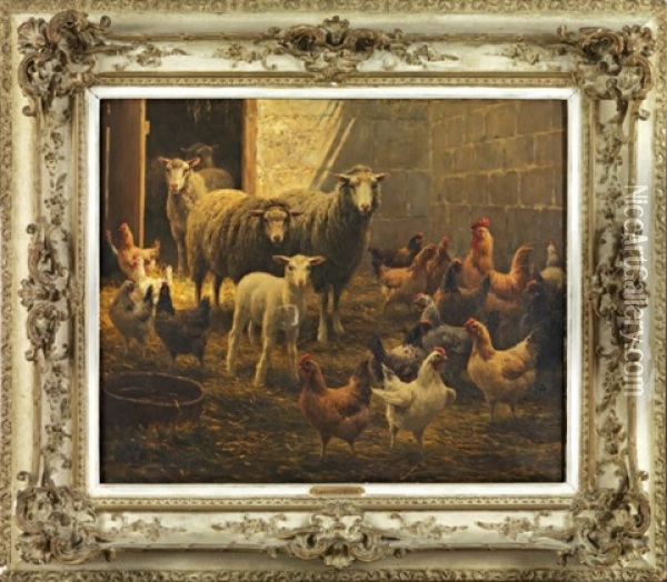Moutons Et Poules Dans Une Bergerie Oil Painting - Jean Ferdinand Chaigneau