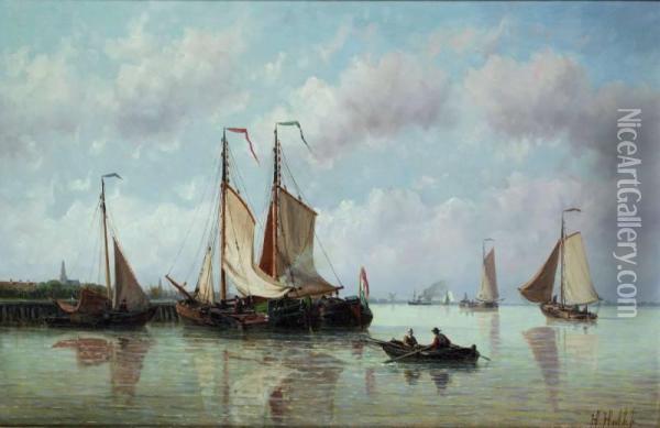 Zeilschepen In Riviermonding Oil Painting - Hendrik Hulk