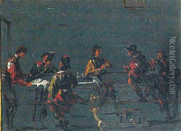 Figures Seated Around A Table In An Interior Oil Painting - Leonard Bramer