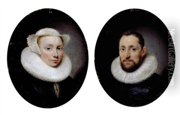 Portrait Of Theoderick Hoste In A Black Doublet With A Lace Ruff (+ Portrait Of His Wife Jane Hoste In A Black Dress With A Lace Ruff And Bonnet, Insc.; Pair) Oil Painting - Cornelis Jonson Van Ceulen