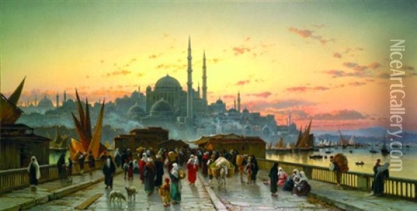 Le Pont De Galata Au Crepuscule Avec La Mosquee Yeni Valide Djami, Constantinople Oil Painting - Hermann David Salomon Corrodi