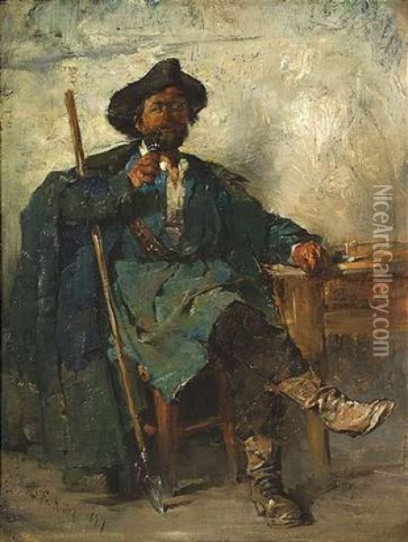 Ein Pfeife Rauchender Hirte Hat Es Sich An Einem Tisch Bequem Gemacht Oil Painting - Friedrich von Keller