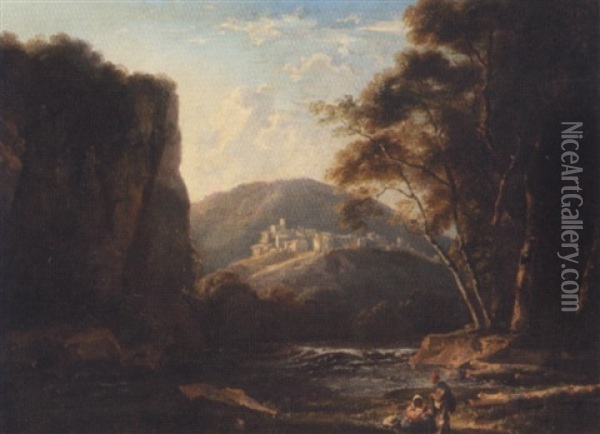 Classical Landscape With Figures Resting By A Stream Oil Painting - Thomas Barker