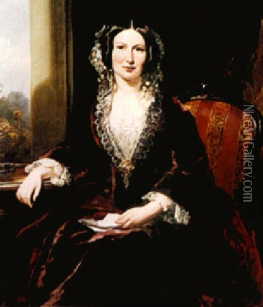 A Portrait Of A Lady Seated On A Chair, Wearing A Burgundy Velvet Dress Trimmed With Lace Oil Painting - Richard Buckner