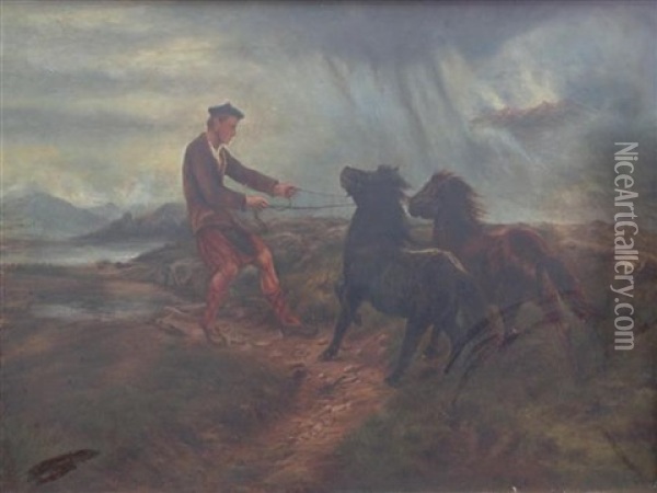 Ghillie And Two Shetland Ponies In A Misty Landscape Oil Painting - Rosa Bonheur