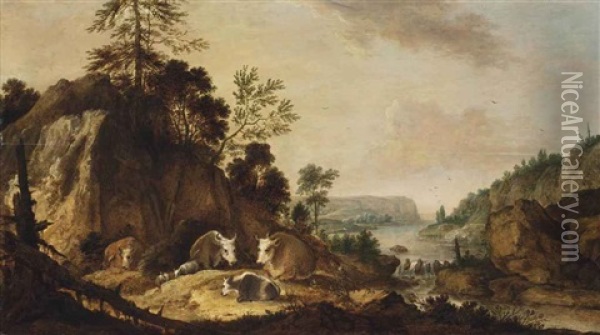 A Rocky River Landscape With Cows And Sheep Resting Oil Painting - Gillis Claesz De Hondecoeter