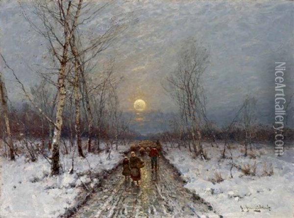 Heimkehrende Bauern In Abendlicher Winterlandschaft Oil Painting - Johann Jungblut