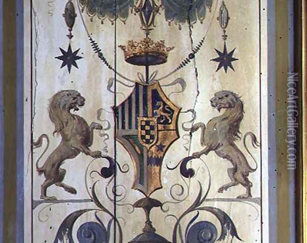 Painted window shutters depicting a coat of arms with two lions Oil Painting - Baldassare Peruzzi