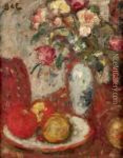 Nature Morte Au Vase De Roses Et Pommes Oil Painting - Georges dEspagnat