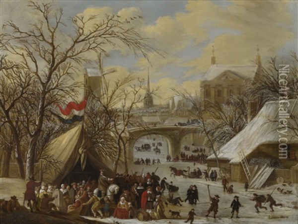 Winter Townscape With A Military Encampment And Figures Skating On The Frozen River Oil Painting - Gerrit (Gerard) Battem