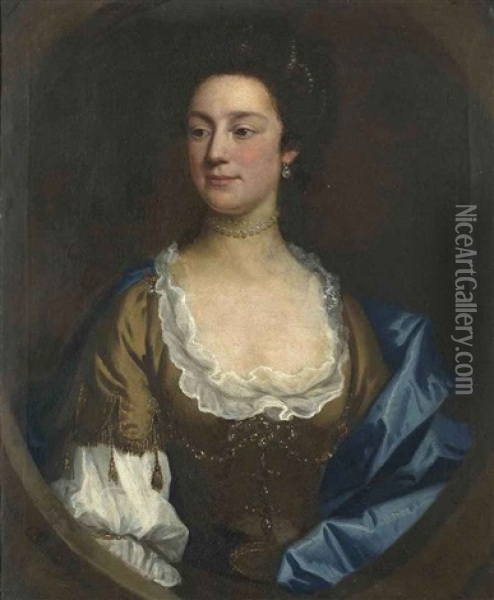 Portrait Of Lady Catherine Hanmer In A Brown Decollete Dress And Shawl, With A Pearl Necklace Oil Painting - Allan Ramsay