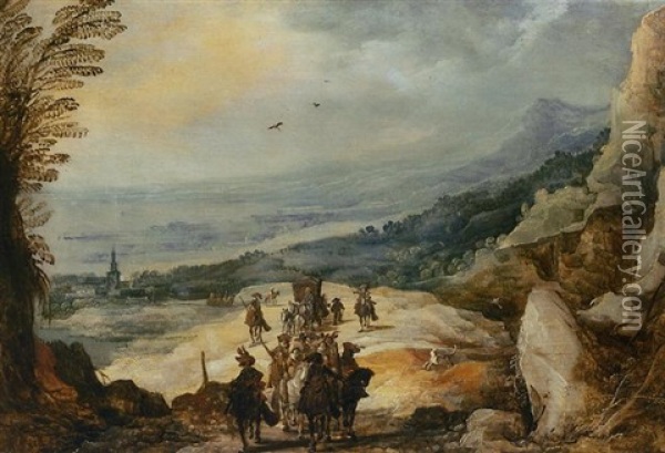 A Mountainous Landscape With Militiamen Protecting A Carriage Oil Painting - Joos de Momper the Younger