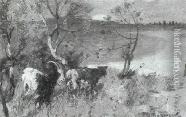 Goats In A Coastal Landscape Oil Painting - John Reid Murray