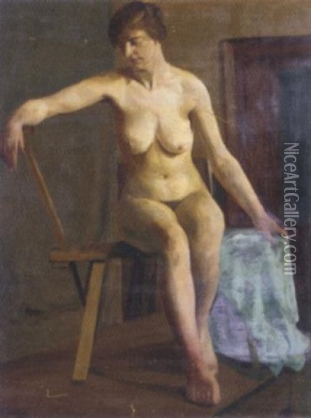 Seated Female Nude In A Studio Oil Painting - Hilda Carline