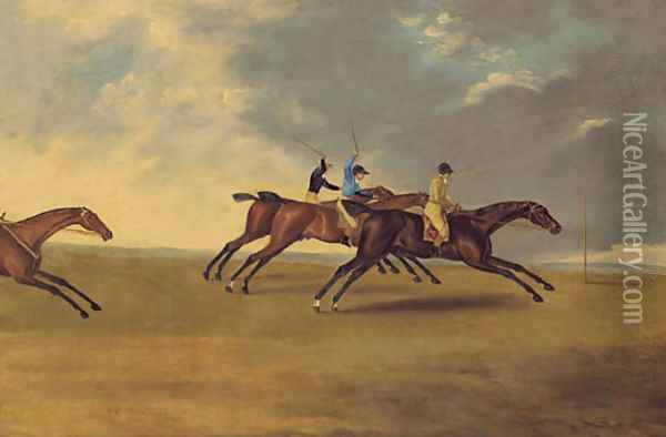 Lord Grosvenor's Enterprise winning from Waty and Hannibal at Brighton Races, 1804 Oil Painting - Edwin Cooper