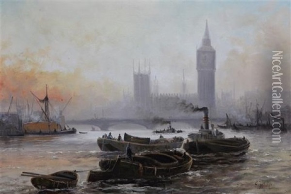 View Of The Palace At Westminster With Tug Boats On The Thames Oil Painting - Edward Henry Eugene Fletcher