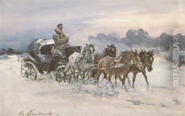 Winterliche Kutschenfahrt Oil Painting - Jan (Czeslaw) Wasilewski