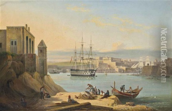 The Flagship, H.m.s. Asia, Lying At Anchor In Grand Harbour, Valetta, Malta Oil Painting - Giovanni Jean Schranz