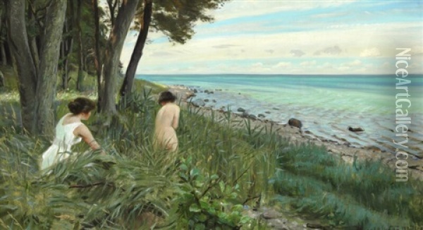 Two Bathing Girls On The Beach On The Island Als Oil Painting - Harald Slott-Moller