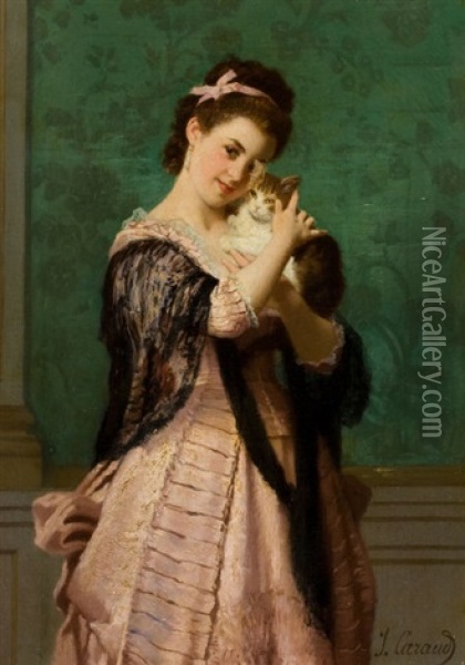 Young Woman With Kitten Oil Painting - Joseph Caraud