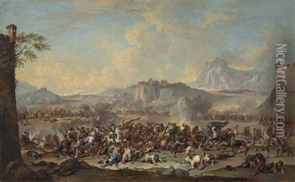 An Extensive Mountainous Landscape With A Battle Scene Oil Painting - Francesco Simonini