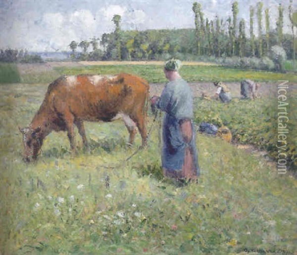 Femme Gardant Une Vache Oil Painting - Camille Pissarro