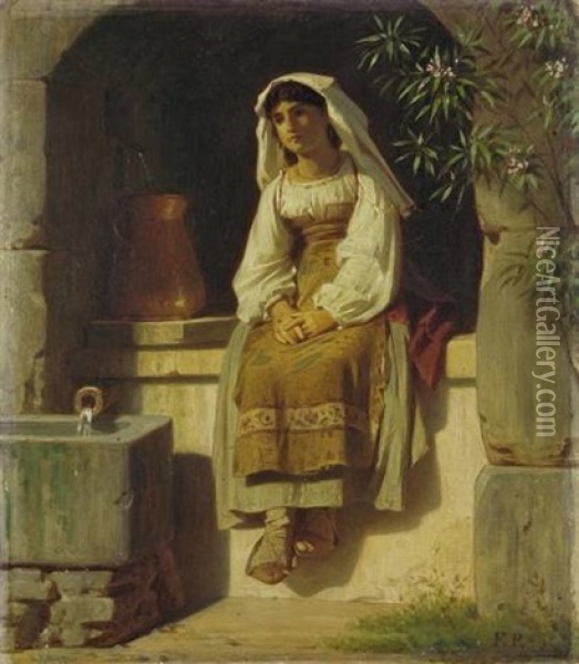 Young Italian Woman At A Fountain Oil Painting - Ferdinand Piloty the Younger