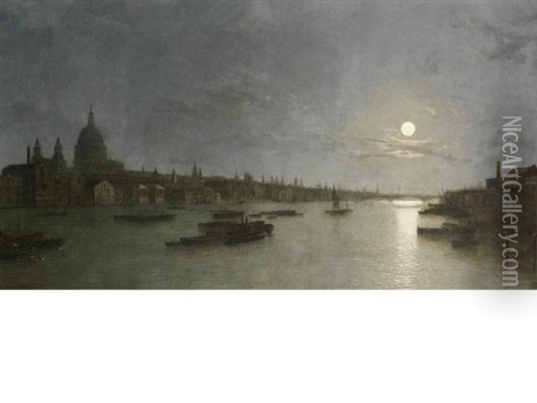 St. Pauls And The Thames By Moonlight Oil Painting - Henry Pether