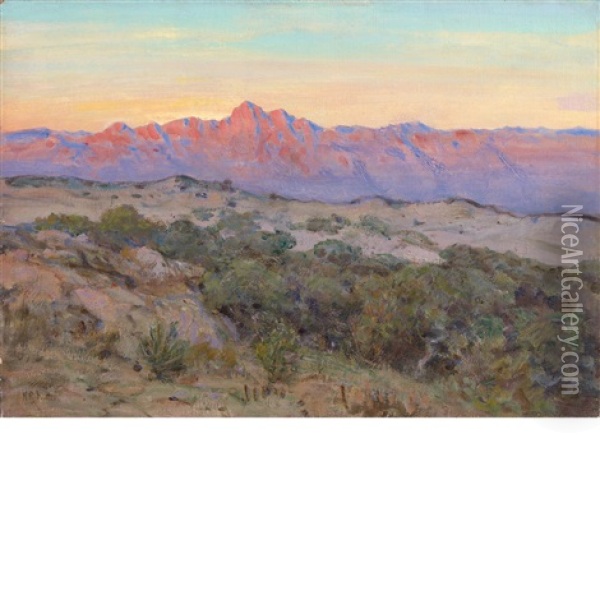 Desert Sunrise, Galiuro Mountains, Southeast, Arizona Signed H. R. Butler (ll); Inscribed Galiuro Mts/s.e. Arizona/14 X 20/#169 On The Reverse Oil Painting - Howard Russell Butler