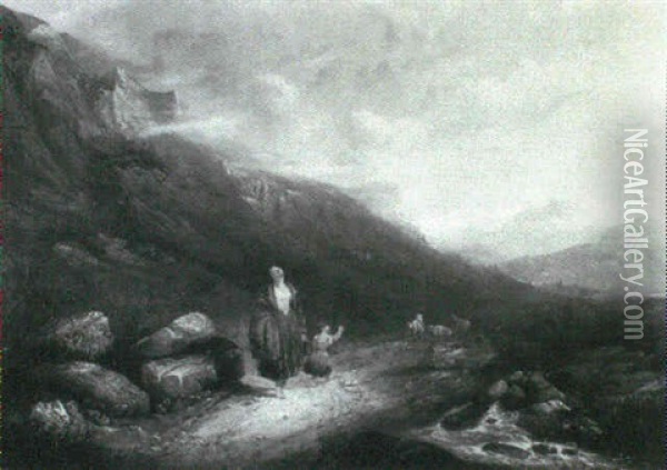 A Mountainous Landscape With A Mother And Child On A Path Oil Painting - John Linnell