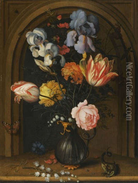 Still Life Of Irises, Columbines, Tulips, Roses And Lily Of The Valley In A Glass Vase Flanked By A Lizard And A Butterfly Oil Painting - Balthasar Van Der Ast